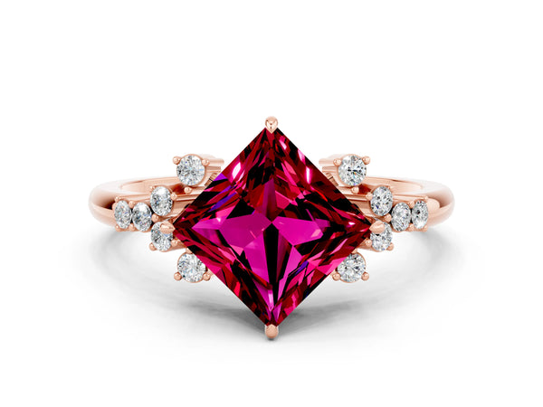 Rose gold Princess Cut Garnet Ring with Side Stones and Four-Prong Setting