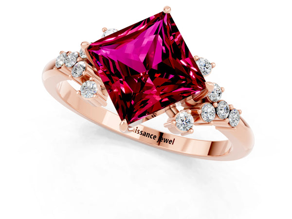 Rose gold Princess Cut Garnet Ring with Side Stones and Four-Prong Setting