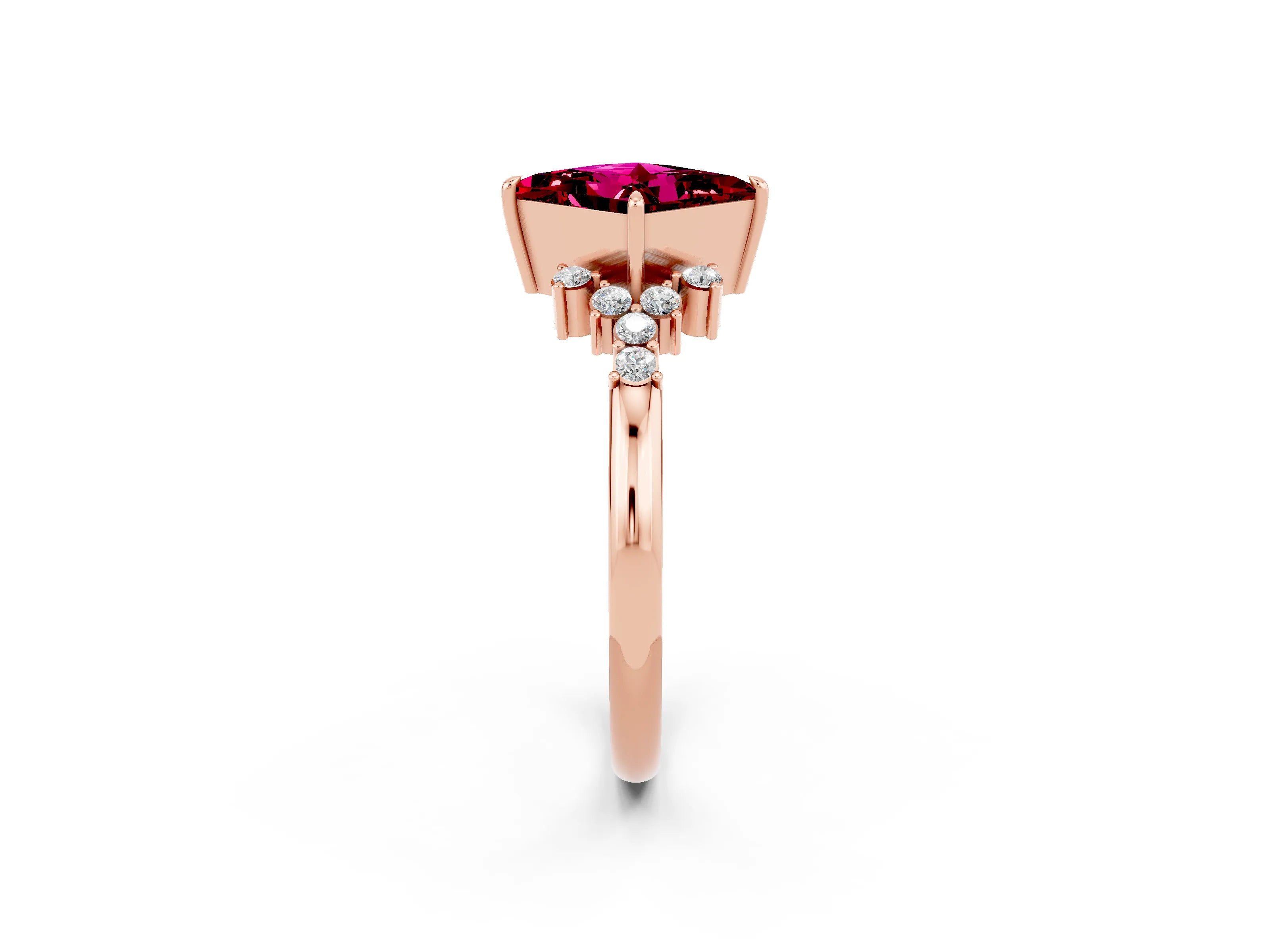 Rose gold Princess Cut Garnet Ring with Side Stones and Four-Prong Setting_38