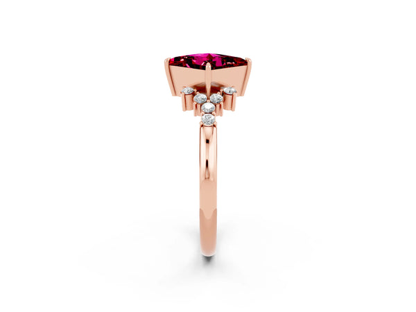 Rose gold Princess Cut Garnet Ring with Side Stones and Four-Prong Setting