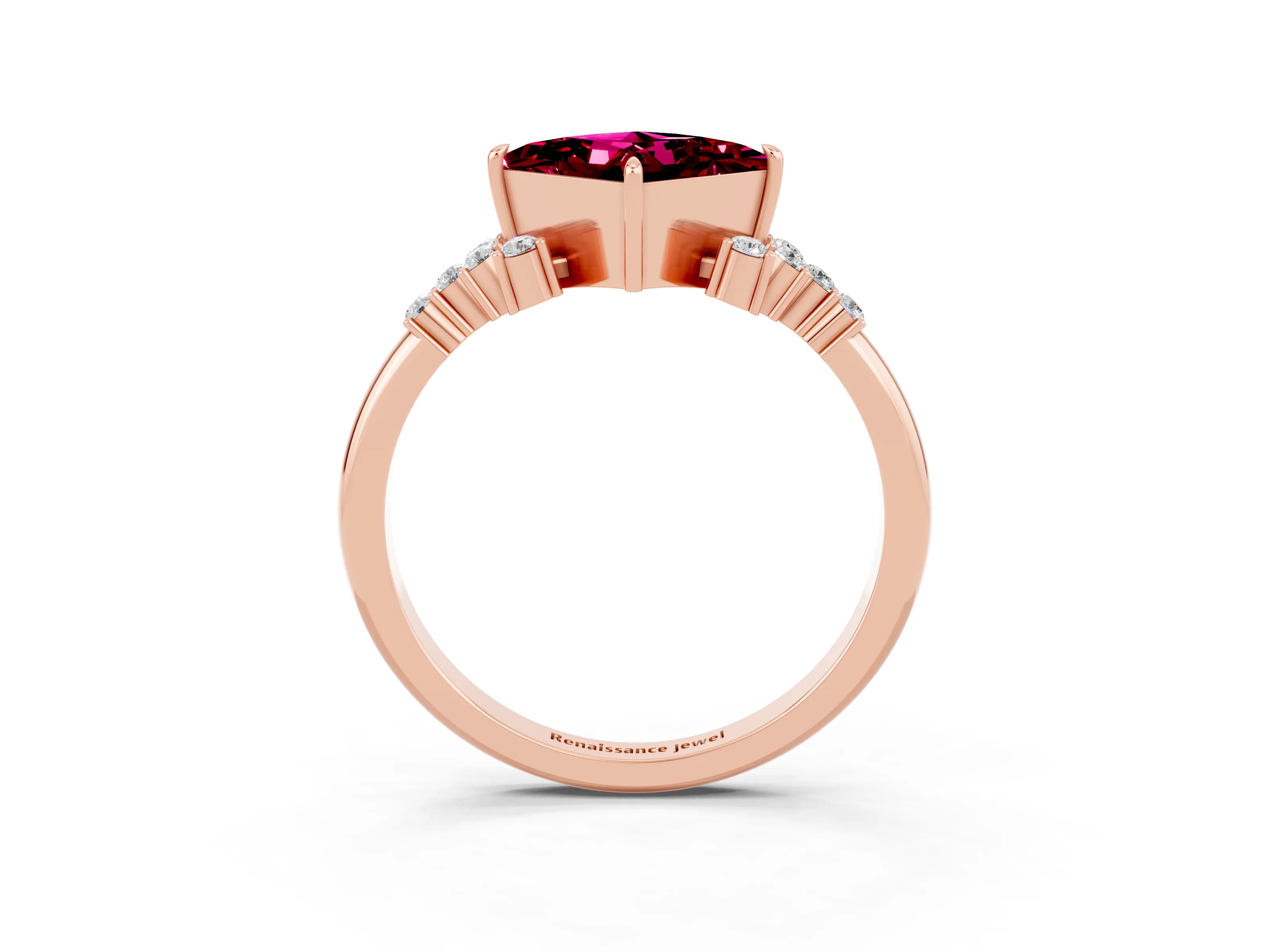 Rose gold Princess Cut Garnet Ring with Side Stones and Four-Prong Setting_39