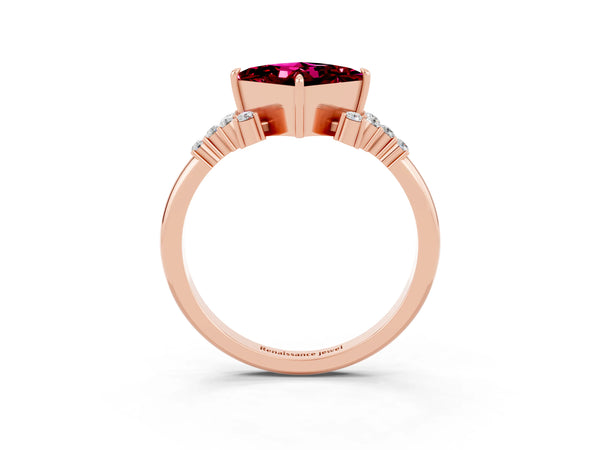 Rose gold Princess Cut Garnet Ring with Side Stones and Four-Prong Setting