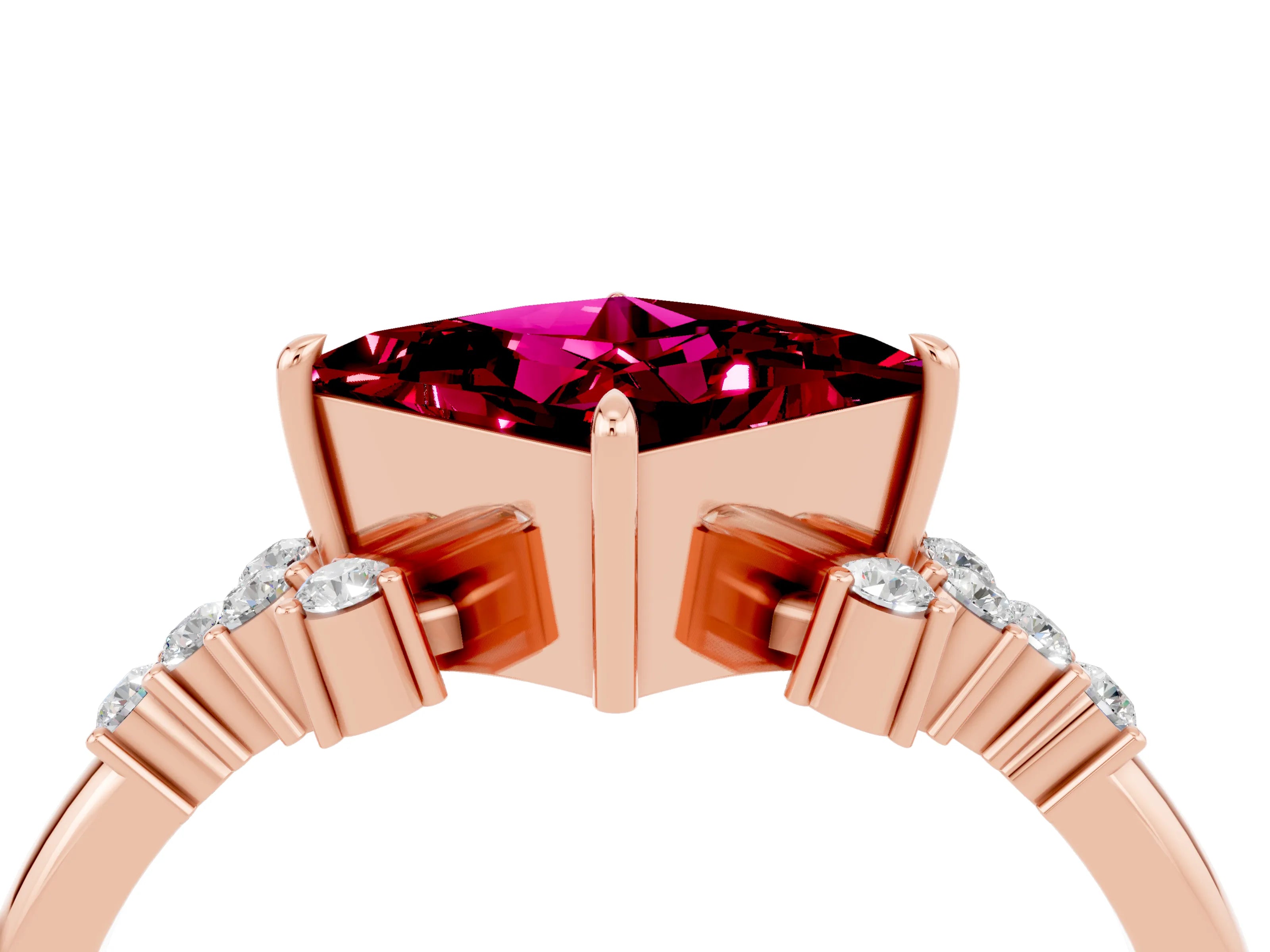 Rose gold Princess Cut Garnet Ring with Side Stones and Four-Prong Setting_40