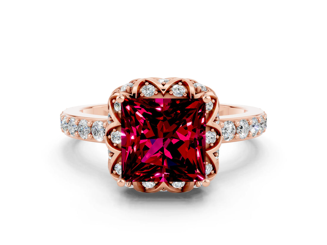 Rose gold Princess Cut Garnet Scalloped Halo Engagement Ring with Round Shared Prong Band_12