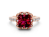 Rose gold Princess Cut Garnet Scalloped Halo Engagement Ring with Round Shared Prong Band_12
