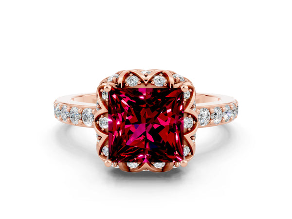Rose gold Princess Cut Garnet Scalloped Halo Engagement Ring with Round Shared Prong Band