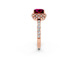 Rose gold Princess Cut Garnet Scalloped Halo Engagement Ring with Round Shared Prong Band_14