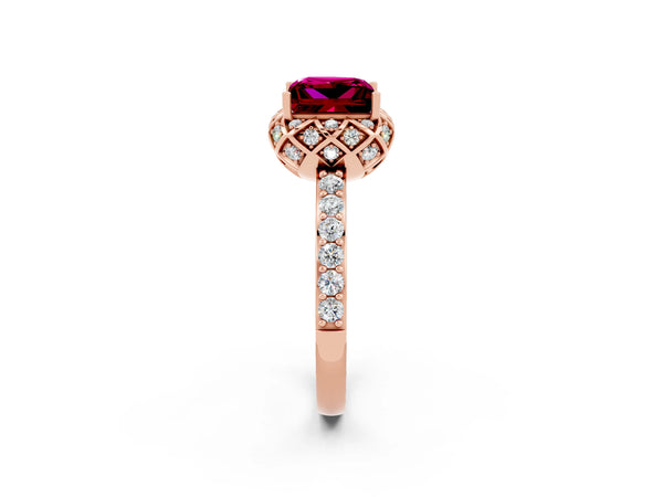 Rose gold Princess Cut Garnet Scalloped Halo Engagement Ring with Round Shared Prong Band