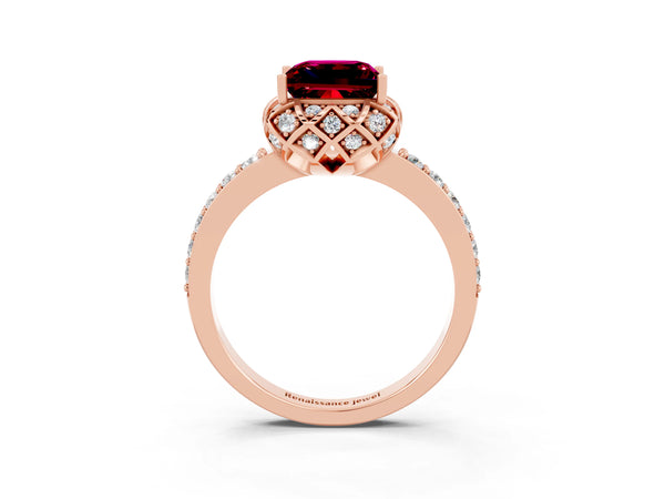 Rose gold Princess Cut Garnet Scalloped Halo Engagement Ring with Round Shared Prong Band