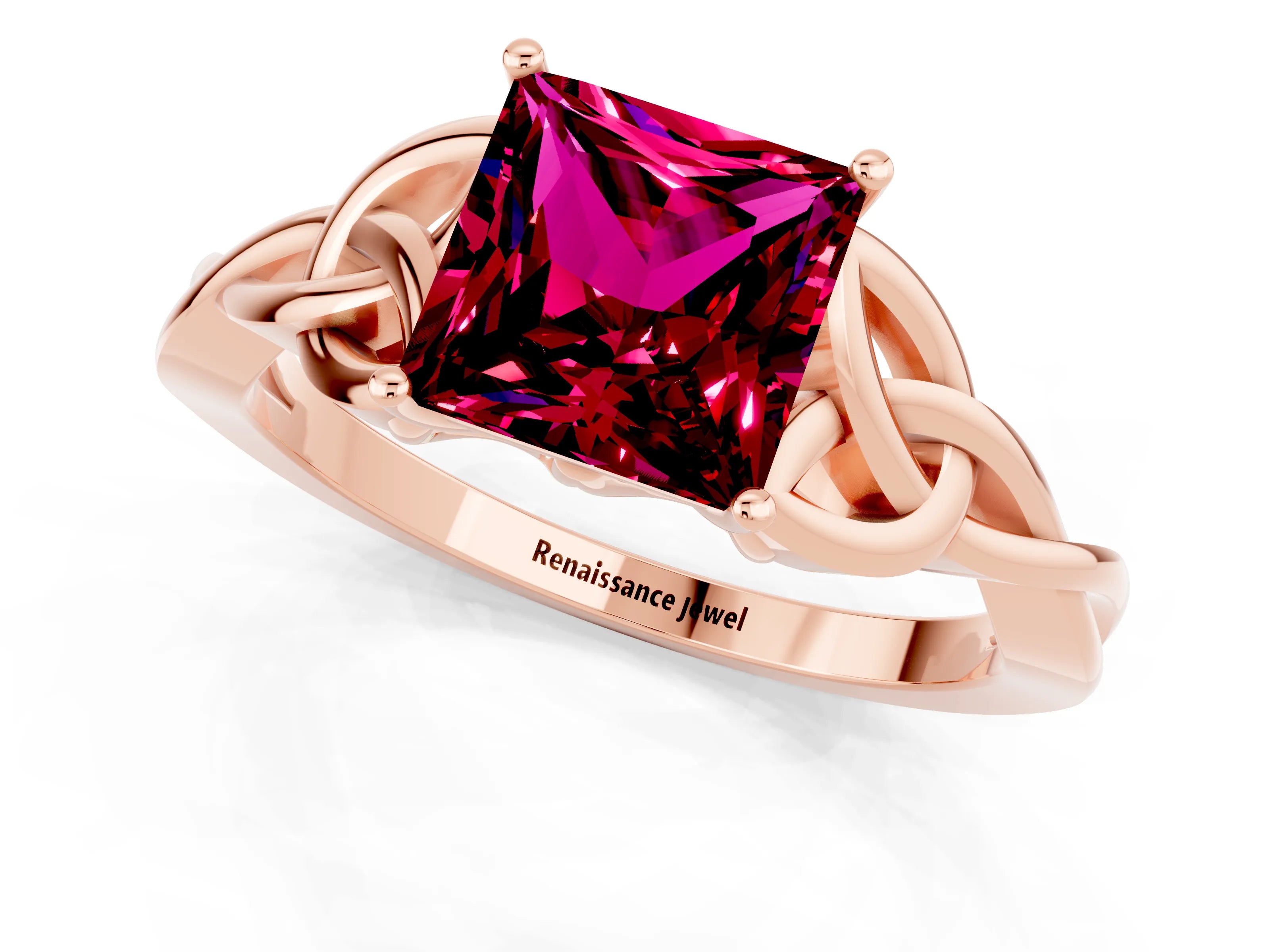 Rose gold Princess Cut Garnet Solitaire Celtic Knot Ring with Four-Prong Setting_13