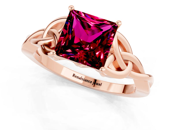 Rose gold Princess Cut Garnet Solitaire Celtic Knot Ring with Four-Prong Setting
