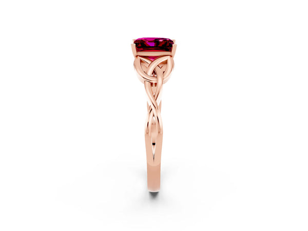 Rose gold Princess Cut Garnet Solitaire Celtic Knot Ring with Four-Prong Setting