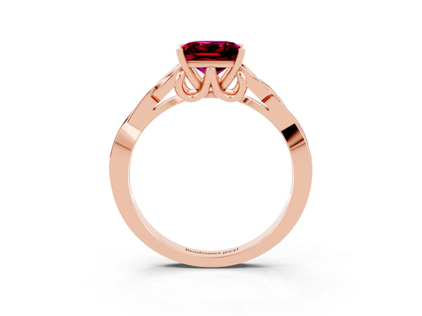 Rose gold Princess Cut Garnet Solitaire Celtic Knot Ring with Four-Prong Setting