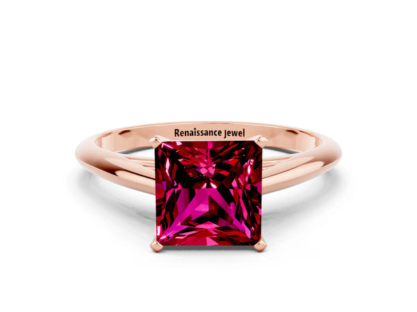 Rose gold Princess Cut Garnet Solitaire Engagement Ring with Cathedral Setting and Four-Prong Mount