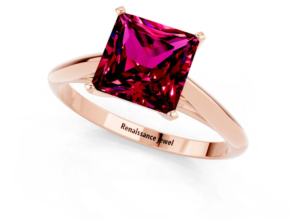 Rose gold Princess Cut Garnet Solitaire Engagement Ring with Cathedral Setting and Four-Prong Mount