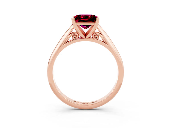 Rose gold Princess Cut Garnet Solitaire Engagement Ring with Cathedral Setting and Four-Prong Mount
