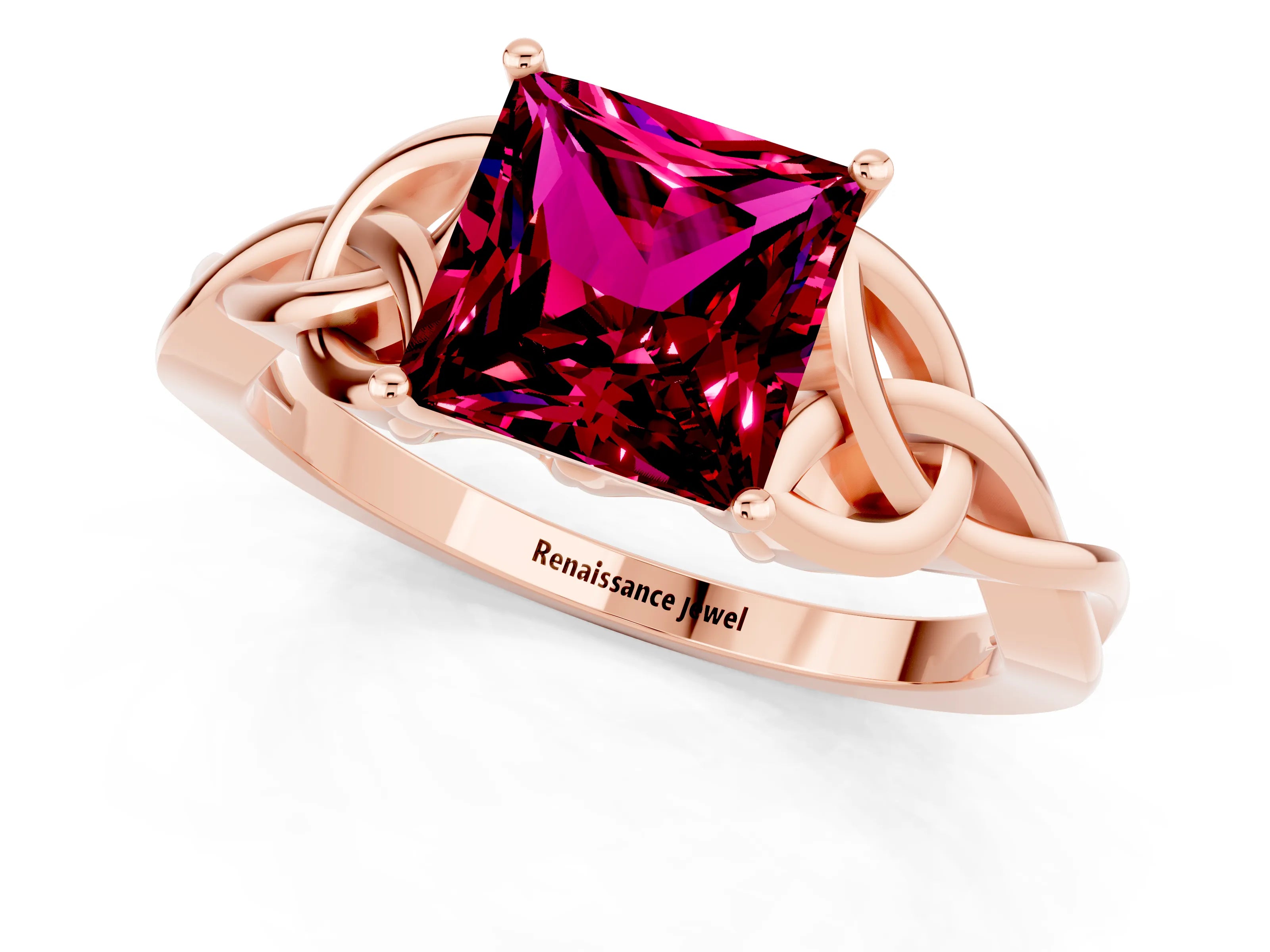 Rose gold Princess Cut Garnet Solitaire Engagement Ring with Celtic Knot Band and Four-Prong Setting_1