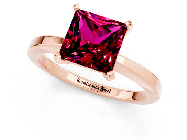 Rose gold Princess Cut Garnet Solitaire Engagement Ring with Classic Band and Four-Prong Setting