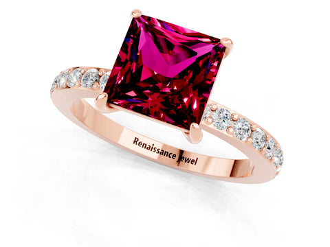 Rose gold Princess Cut Garnet Solitaire Engagement Ring with Pavé Band and Four-Prong Setting_1