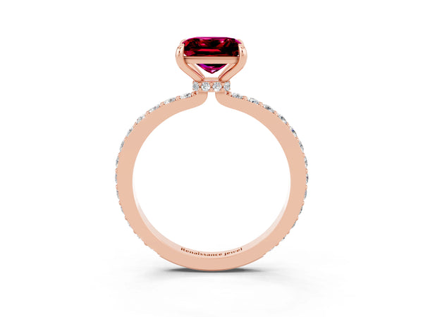 Rose gold Princess Cut Garnet Solitaire Engagement Ring with Pavé Band and Four-Prong Setting