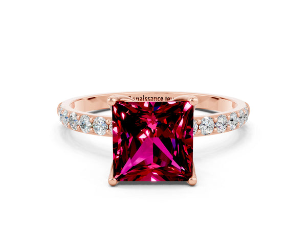 Rose gold Princess Cut Garnet Solitaire Engagement Ring with Round  Pavé Band and Prong Setting