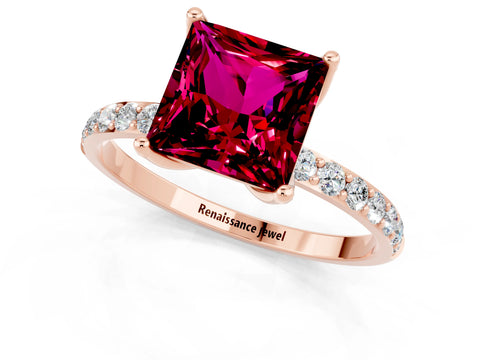 Rose gold Princess Cut Garnet Solitaire Engagement Ring with Pavé Band and Prong Setting_1