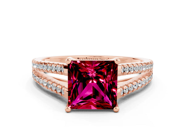 Rose gold Princess Cut Garnet Solitaire Engagement Ring with Split Shank Pavé Band
