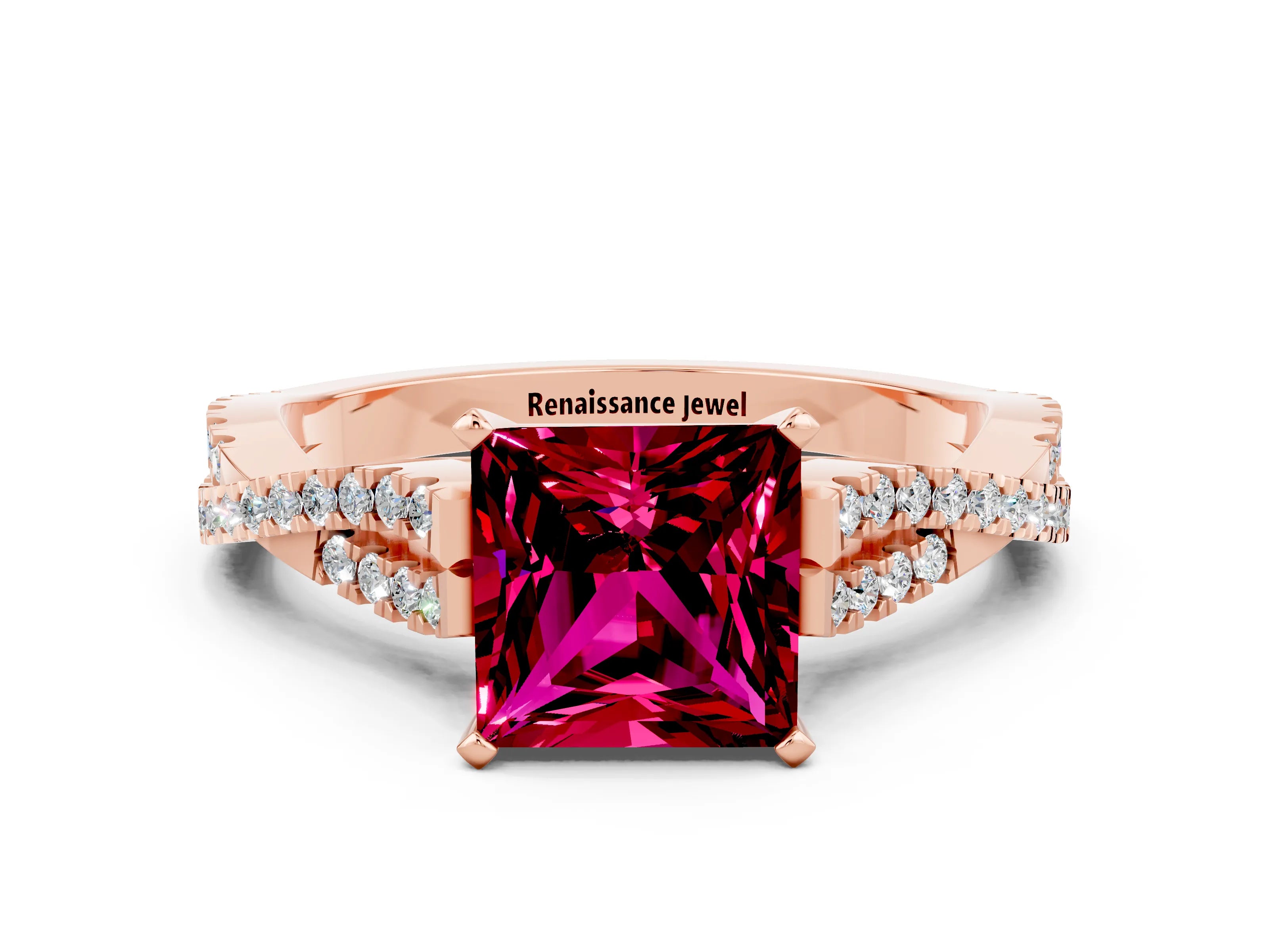 Rose gold Princess Cut Garnet Solitaire Engagement Ring with Twisted Pavé Band and Four-Prong Setting_12