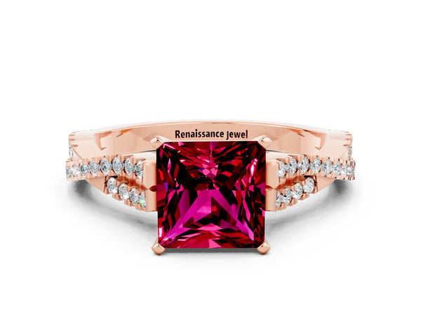 Rose gold Princess Cut Garnet Solitaire Engagement Ring with Twisted Pavé Band and Four-Prong Setting