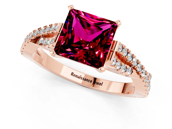 Rose gold Princess Cut Garnet Solitaire Engagement Ring with Twisted Pavé Band and Four-Prong Setting