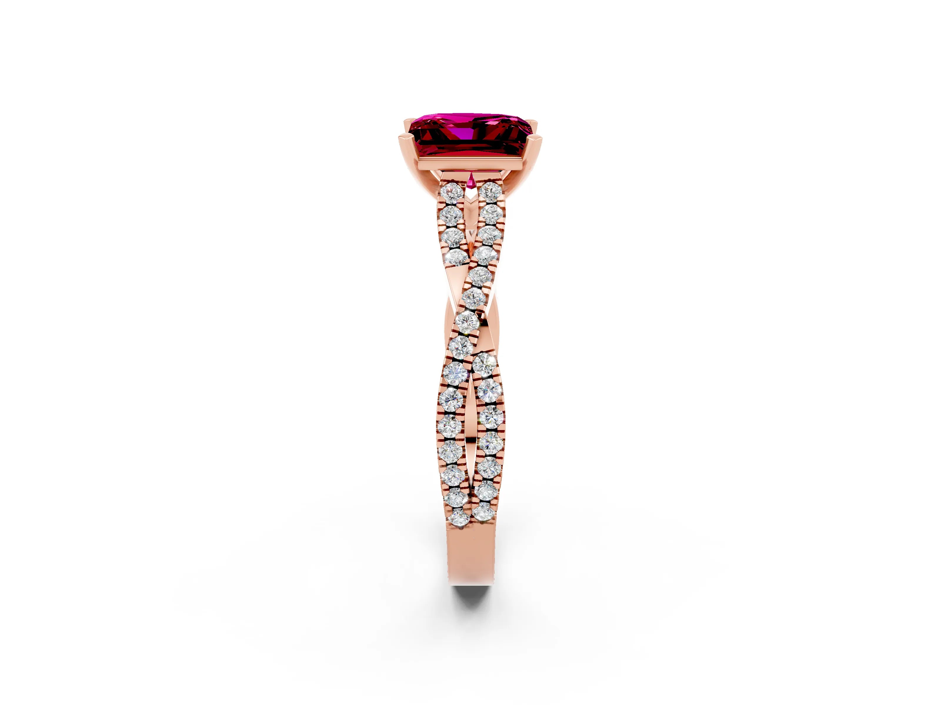 Rose gold Princess Cut Garnet Solitaire Engagement Ring with Twisted Pavé Band and Four-Prong Setting_14