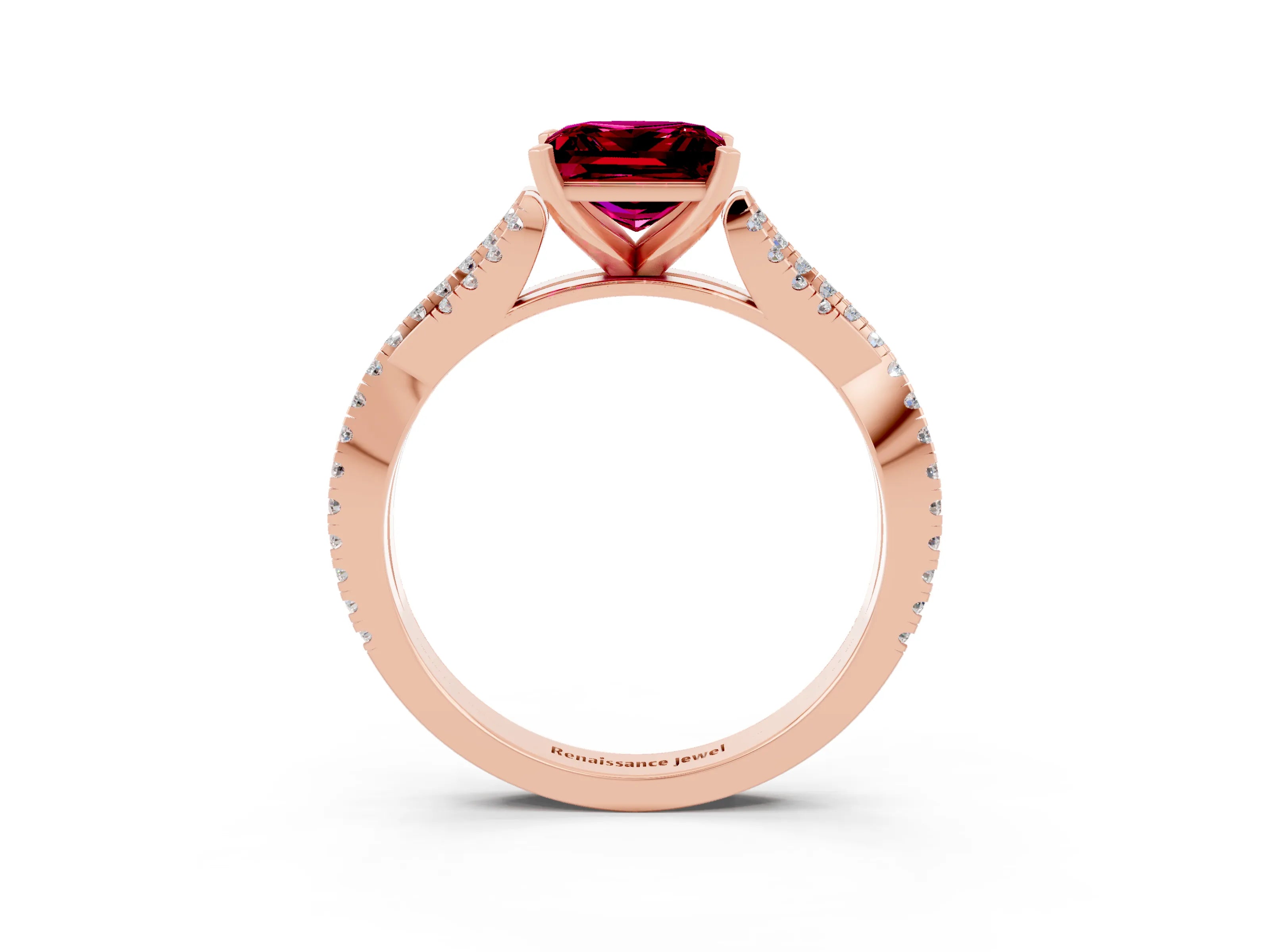Rose gold Princess Cut Garnet Solitaire Engagement Ring with Twisted Pavé Band and Four-Prong Setting_15