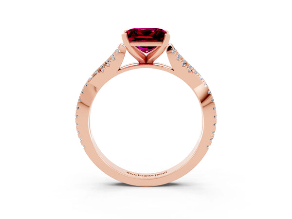 Rose gold Princess Cut Garnet Solitaire Engagement Ring with Twisted Pavé Band and Four-Prong Setting
