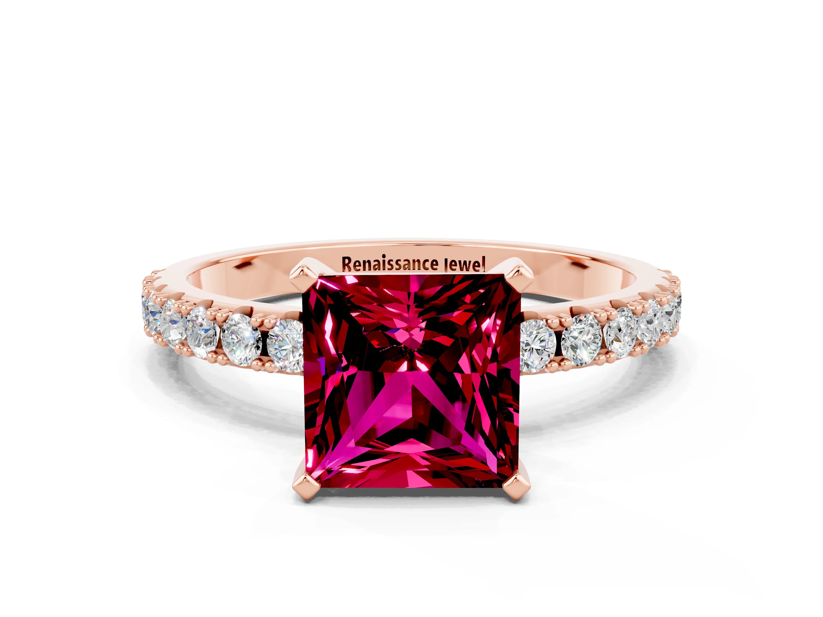 Rose gold Princess Cut Garnet Solitaire Pavé Band with Four-Prong Setting