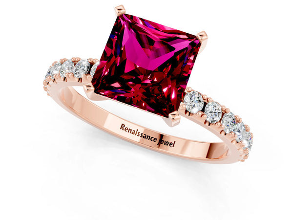 Rose gold Princess Cut Garnet Solitaire Pavé Band with Four-Prong Setting