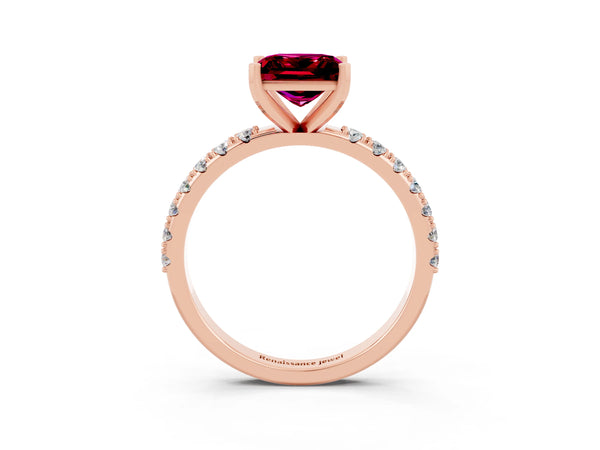 Rose gold Princess Cut Garnet Solitaire Pavé Band with Four-Prong Setting
