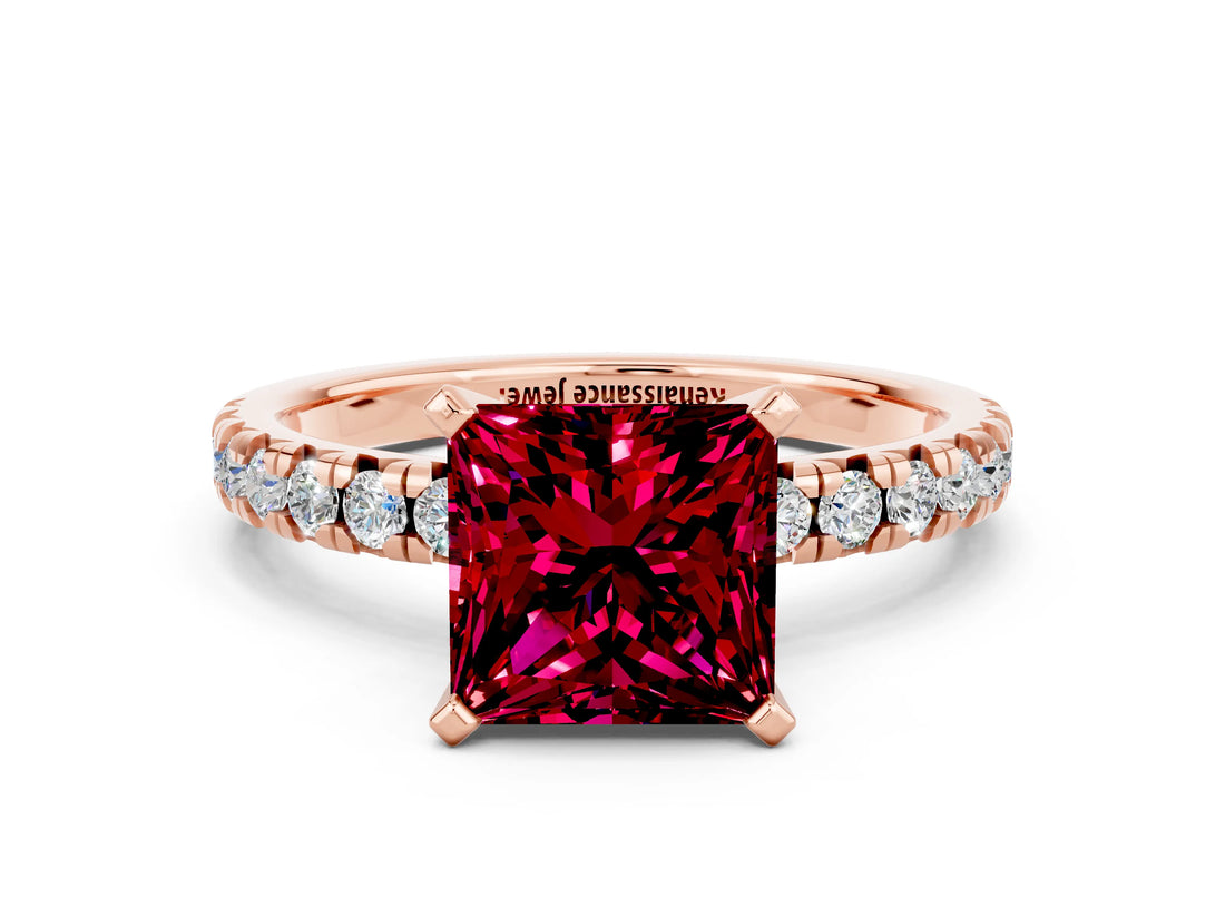 Rose gold Princess Cut Garnet Solitaire Pavé Engagement Ring with Round Band and Prong Setting_66