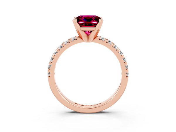 Rose gold Princess Cut Garnet Solitaire Pavé Engagement Ring with Round Band and Prong Setting