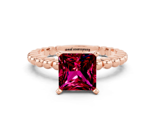 Rose gold Princess Cut Garnet Solitaire Ring with Beaded Band and Prong Setting