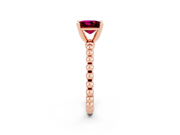 Rose gold Princess Cut Garnet Solitaire Ring with Beaded Band and Prong Setting