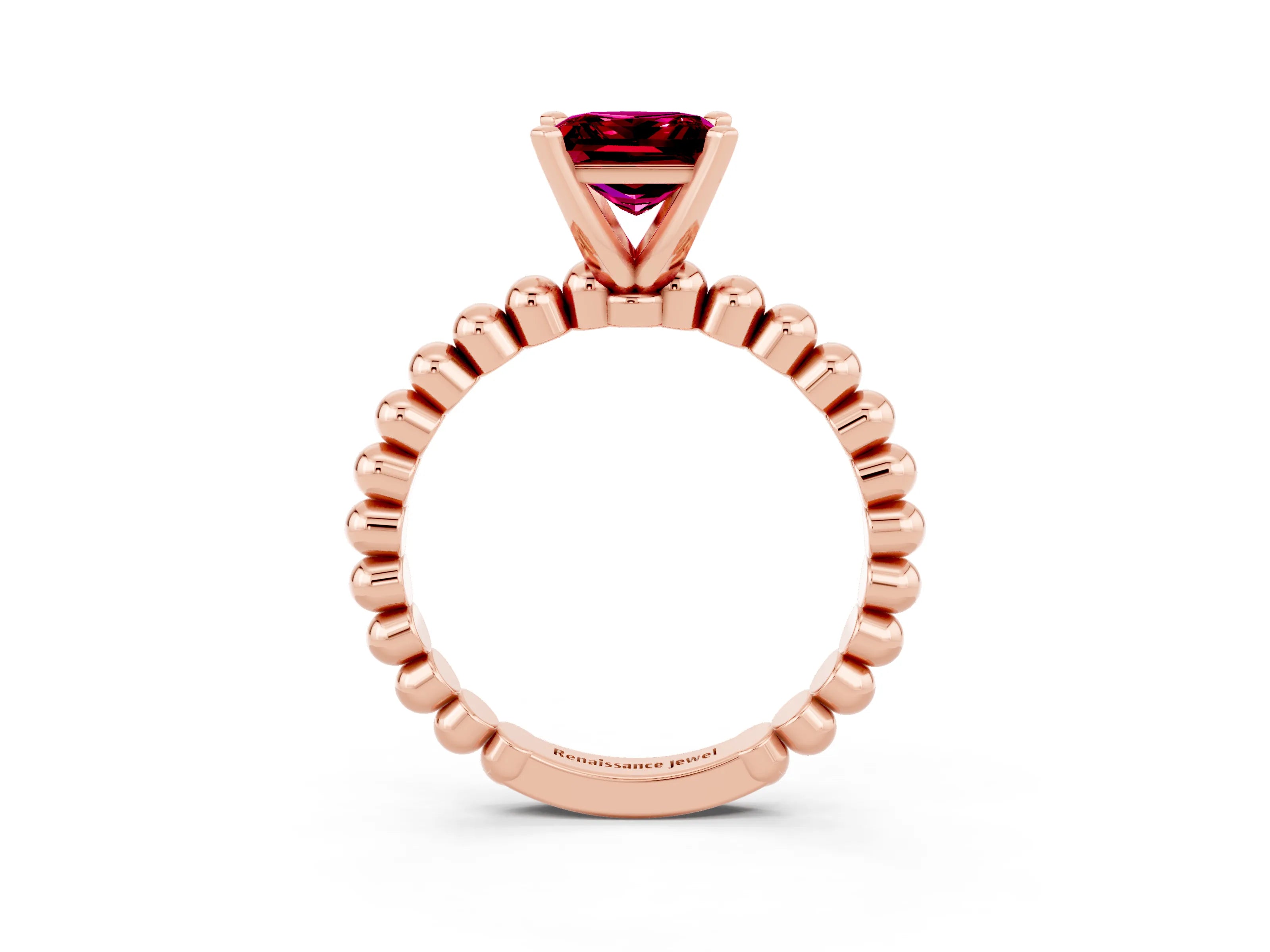 Rose gold Princess Cut Garnet Solitaire Ring with Beaded Band and Prong Setting_3