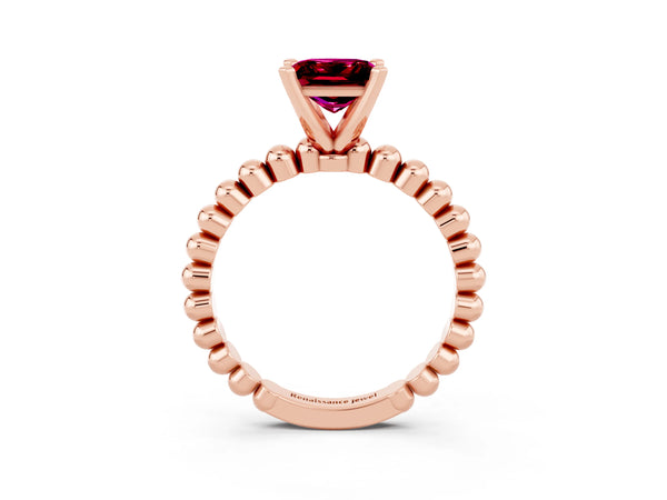 Rose gold Princess Cut Garnet Solitaire Ring with Beaded Band and Prong Setting
