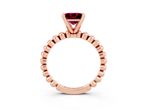 Rose gold Princess Cut Garnet Solitaire Ring with Beaded Band and Prong Setting_3