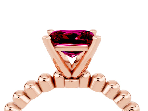 Rose gold Princess Cut Garnet Solitaire Ring with Beaded Band and Prong Setting_4