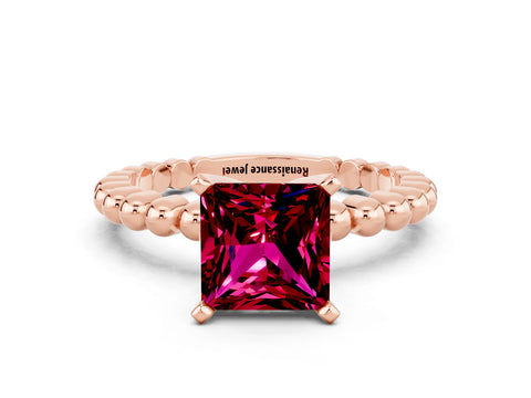 Rose gold Princess Cut Garnet Solitaire Ring with Beaded Band and Prong Setting