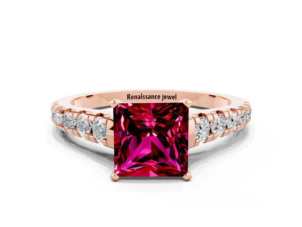 Rose gold Princess Cut Garnet Cathedral Solitaire Ring with Round  Pavé Band