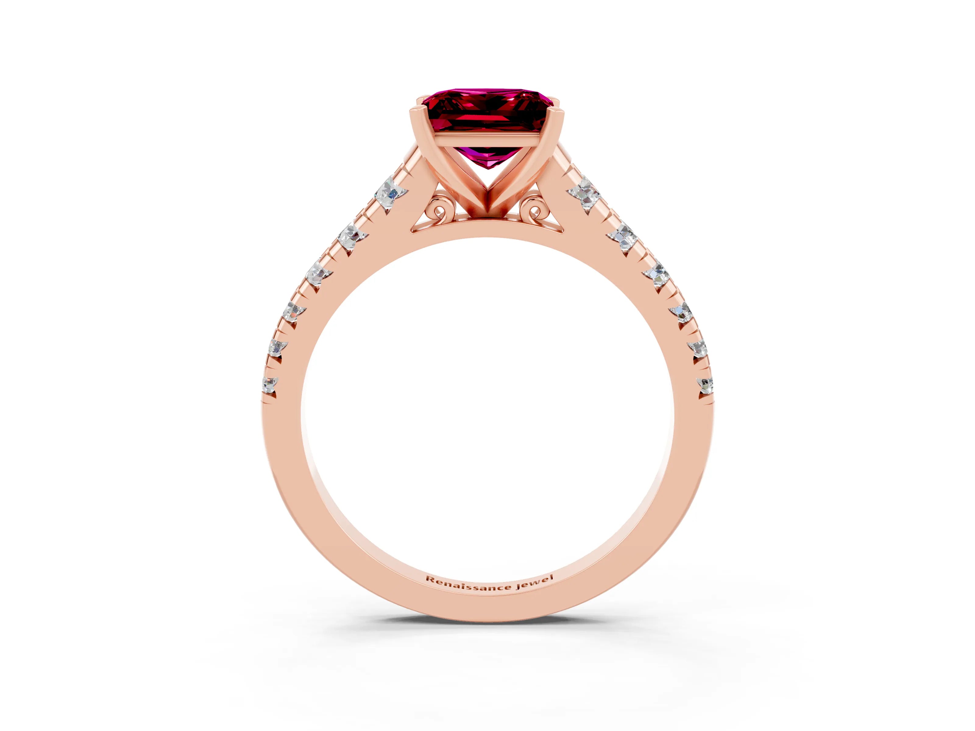 Rose gold Princess Cut Garnet Solitaire Ring with Cathedral Setting and Pavé Band_3