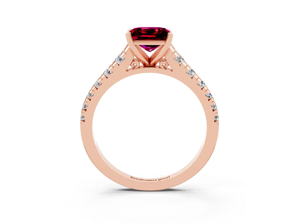 Rose gold Princess Cut Garnet Cathedral Solitaire Ring with Round  Pavé Band