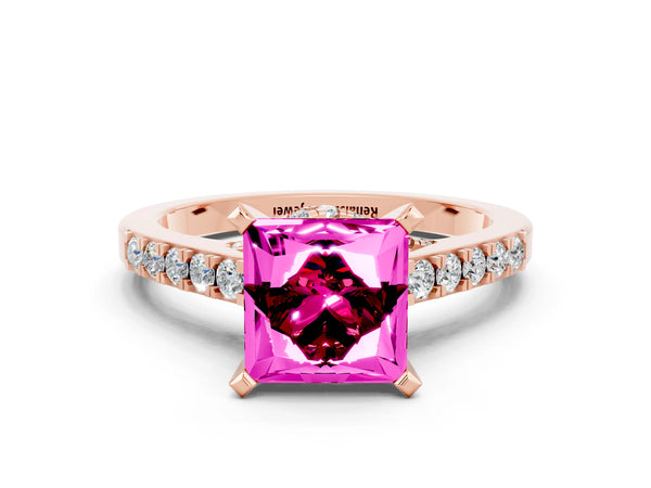 Rose gold Princess Cut Garnet Solitaire Ring with Crossover Gallery and Round  Pavé Band