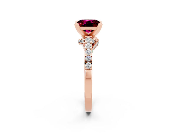 Rose gold Princess Cut Garnet Solitaire Ring with Crossover Gallery and Round  Pavé Band